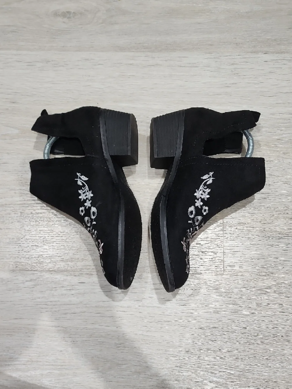 Olivia Miller Black Suede Ankle Booties with Pink & Silver Floral Embroidery 10 - Picture 5 of 8
